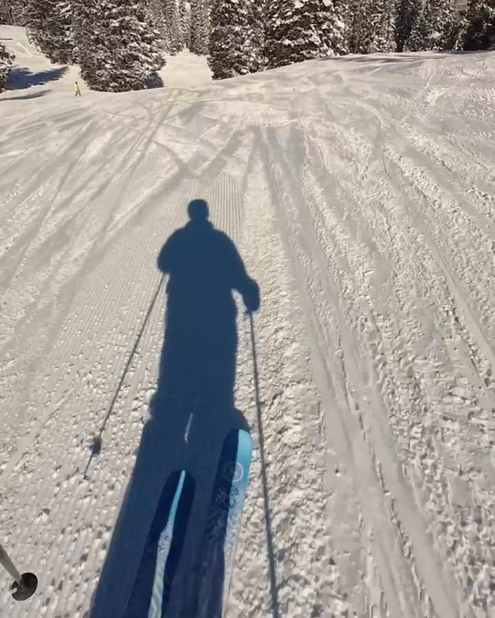 Abfahrt aus Brusthöhe, Schatten mit Skistöcken im Schnee