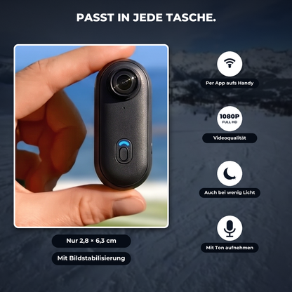 Povino POV Vision in der Hand – nur 2,8 × 6,3 cm, App, Full HD, wenig Licht, mit Ton