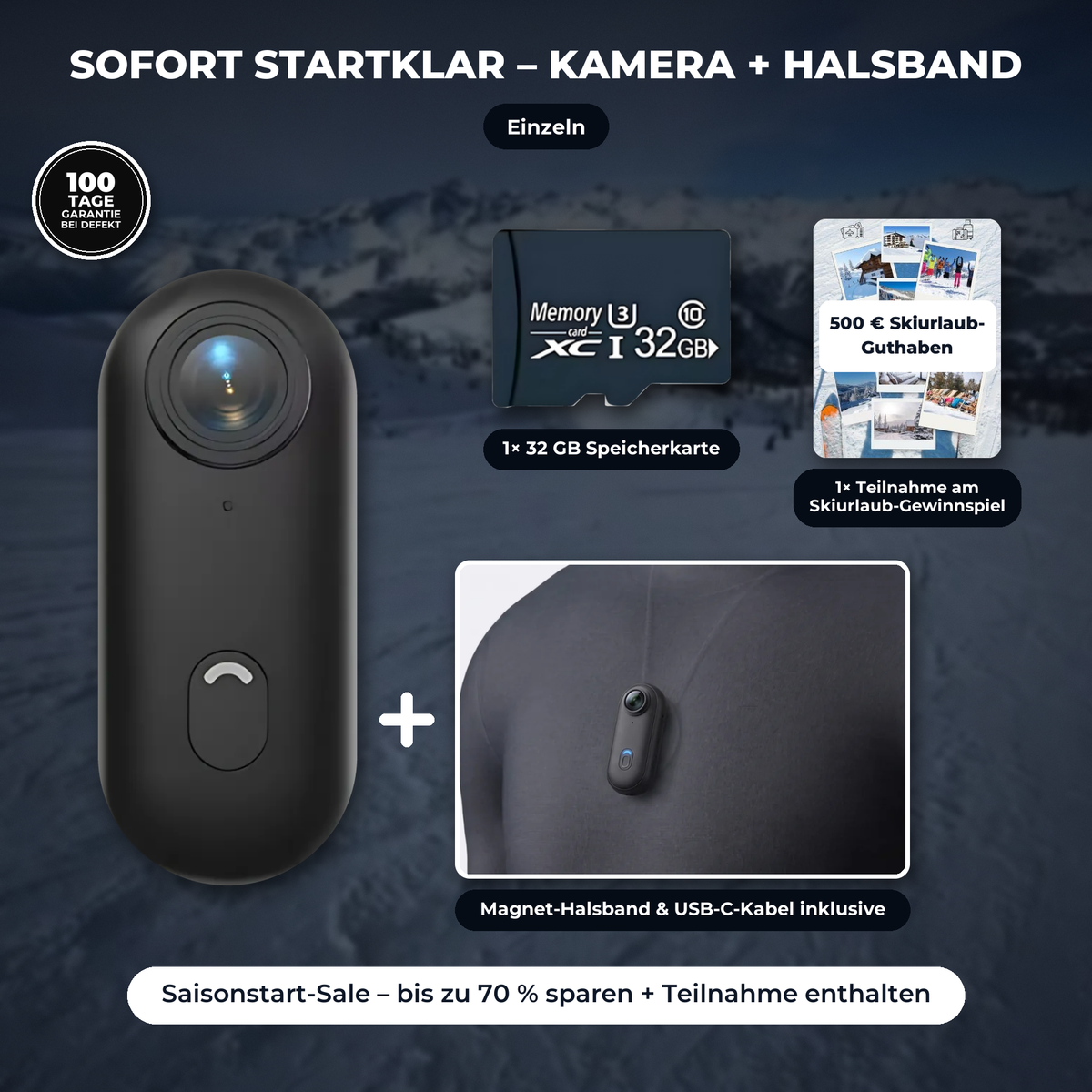 Povino POV Vision Einzeln: Kamera, Magnet-Halsband, USB-C-Kabel und 32-GB-Speicherkarte