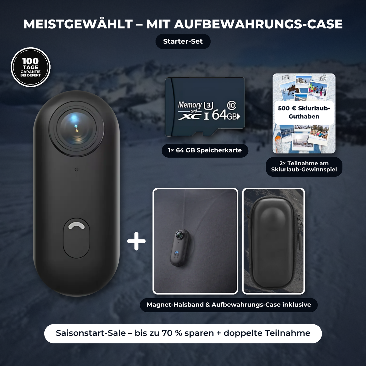 Povino Starter-Set: Kamera, Magnet-Halsband, Aufbewahrungs-Case und 64-GB-Speicherkarte