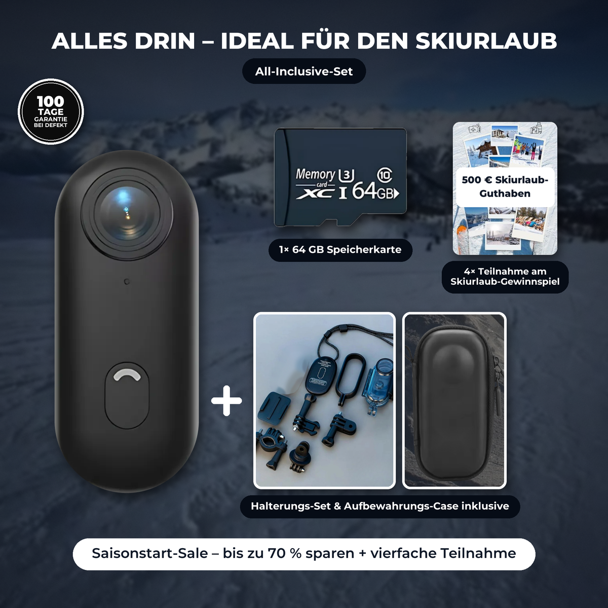 Povino All-Inclusive-Set: Kamera, komplettes Halterungs-Set, Aufbewahrungs-Case und 64-GB-Speicherkarte
