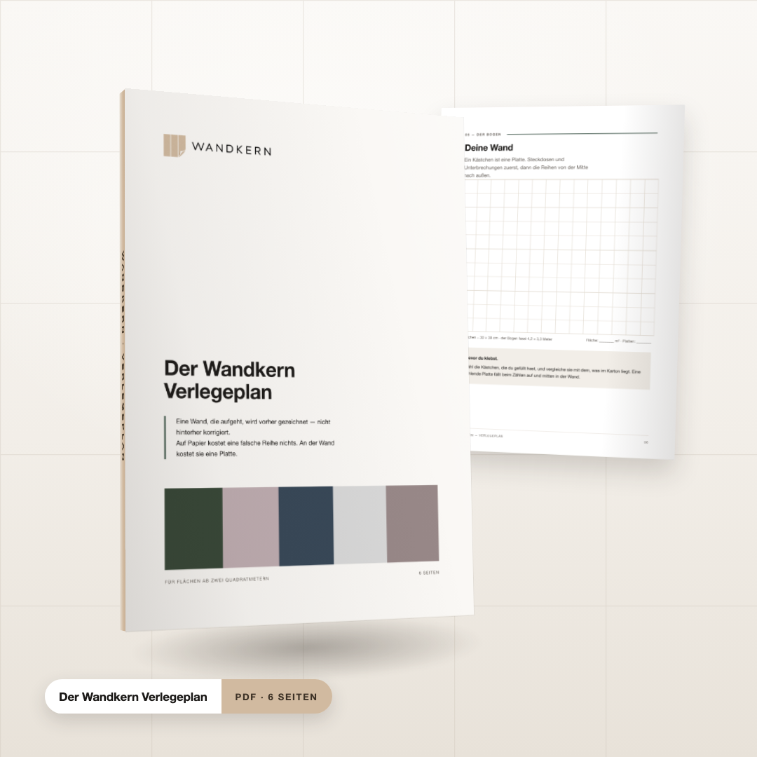 Der Wandkern Verlegeplan als Buch, aufgeschlagen beim Rasterbogen